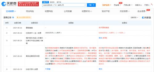 名創優品科技公司注冊資本增至6億元，經營范圍拓展至自然科學與信息系統服務